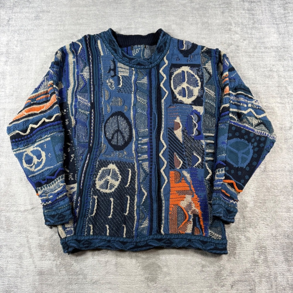 3D Knit Sweater Mens Large Blue Peace Sign Vintage Style 90s Hip Hop Streetwear